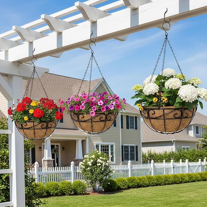 Outdoor Metal Hanging Planters Basket (4pack, 12 inch) Hanging Baskets for Plants Chain Round Wire Plant Holder with Coco Fiber Liners for Garden, Patio, Deck, Porch(Flower Border)