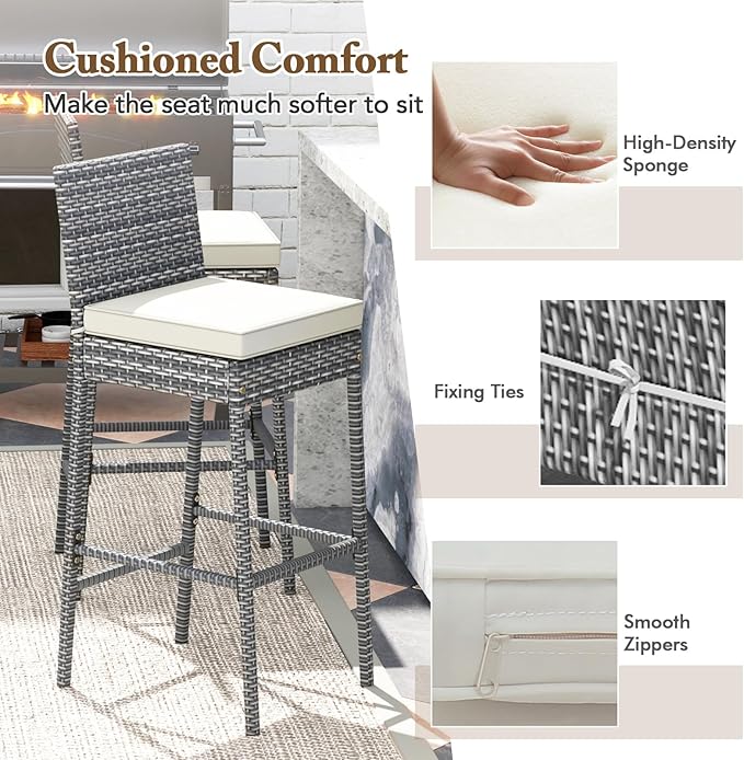 HAPPYGRILL Patio Wicker Barstools Set of 4, Outdoor Bar Height Chair w/Soft Seat Cushion & Cozy Footrest, Heavy-Duty Metal Frame, 400 lbs Max Load, Rattan Armless Bar Chairs