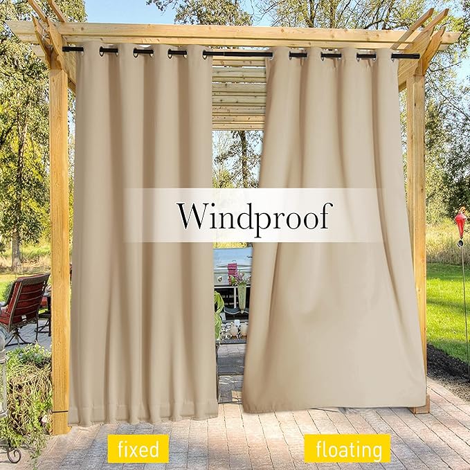 NICETOWN 2 Panels Outdoor Curtains for Patio Waterproof & Windproof, Grommet & Back Tab on Top & Bottom Weighted Drapes Keep Sun/Rain Out with Bouns Rope for Deck, Biscotti Beige, W84 x L108