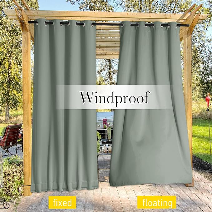 NICETOWN 2 Panels Weighted Outdoor Curtains for Patio, Grommet & Back Tab top and Bottom, Waterproof & Windproof Privacy Thermal Curtains Sun/Cold Block for Cabana with Rope, W52 x L84, Sage Green