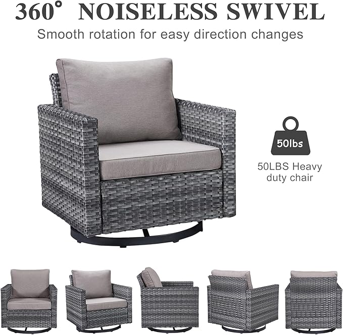 Belord 6 Piece Outdoor Furniture Patio Wicker Sofa Set, Oversize Outdoor Swivel Rocker Chairs with Rattan Ottomans, Conversation Sets Patio Furniture Come with Removable Washable Cushion Grey