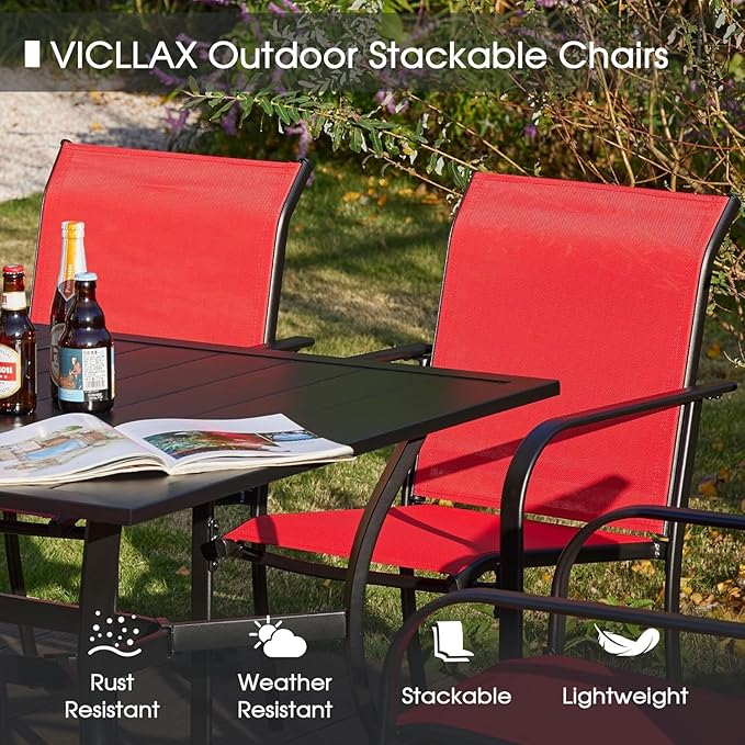 VICLLAX Patio Table and Chair Set of 8, All Weather Metal Round Outdoor Dining Furniture Set-53 Round Outdoor Table and Chairs, Black Tabletop
