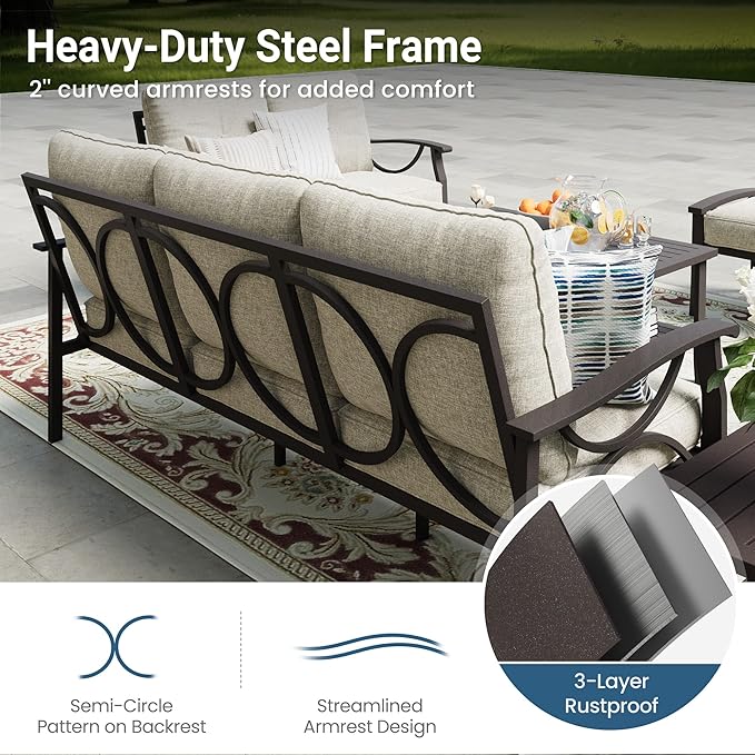 RoyalCraft Patio 3 Seats Sofa, All-Weather Outdoor Couch, Patio Furniture Sofa, Khaki Metal Chair with Beige Cushions