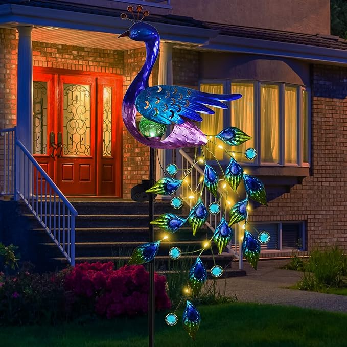 DREAMSOUL Peacock Solar Garden Lights Outdoor Decorative Stake, Waterproof Metal Peacock Garden Decor Solar Powered Landscape LED Path Lights Walkway Patio Decoration Lawn Ornament