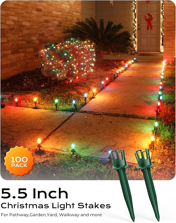 100-Pack Plastic Light Stakes, 5.5 Inch Christmas Yard Stakes for C7 C9 Christmas Lights Outdoor, Universal Light Stakes for Outdoor Holiday Lights, Green