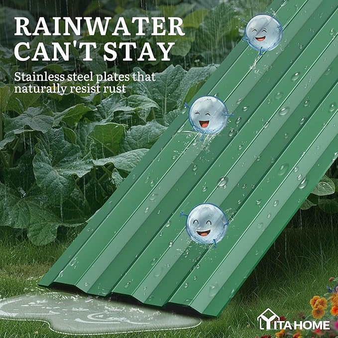 YITAHOME 4pcs 12x4x1 ft Galvanized Raised Garden Bed Kit, Large Metal Planter Box with Gloves, Safety Rubber & Support Rod, Outdoor Flower Bed for Plants Vegetables, Green