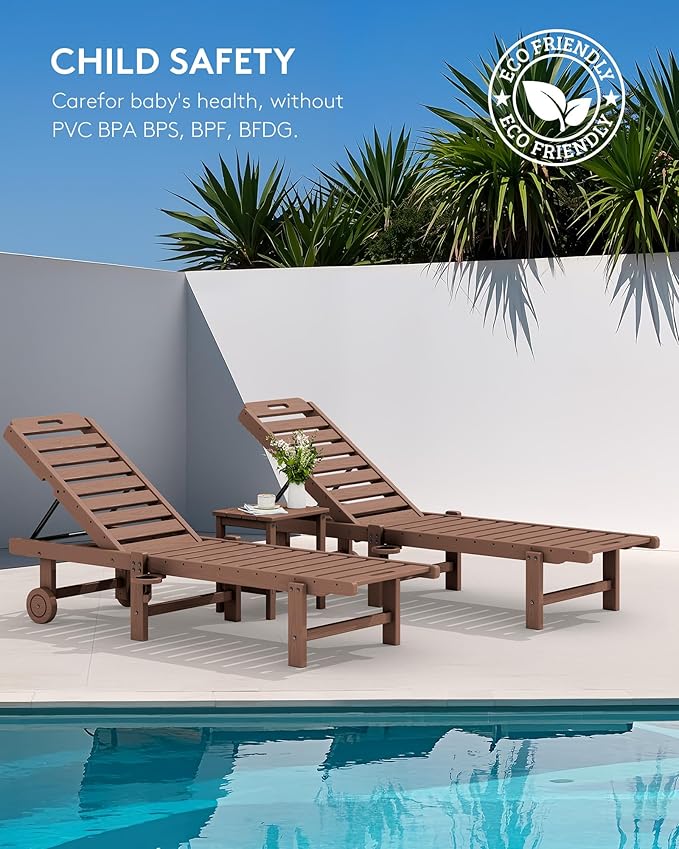 SERWALL Patio Chaise Lounge, HDPE Outdoor Lounge Chair with Cup Holder, 5 Positions Adjustable Poly Lounger with Rolling Wheels for Poolside, Deck, Sunbathing, Brown