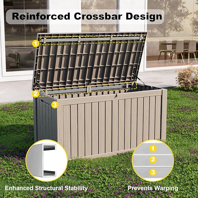 ROJIK Outdoor Storage Housing Deck Box - Waterproof Patio Furniture, Garden Tools, Cushions, Pool Accessories Storage Bench with Lockable Lid and Side Handles (Grey 158 Gal)