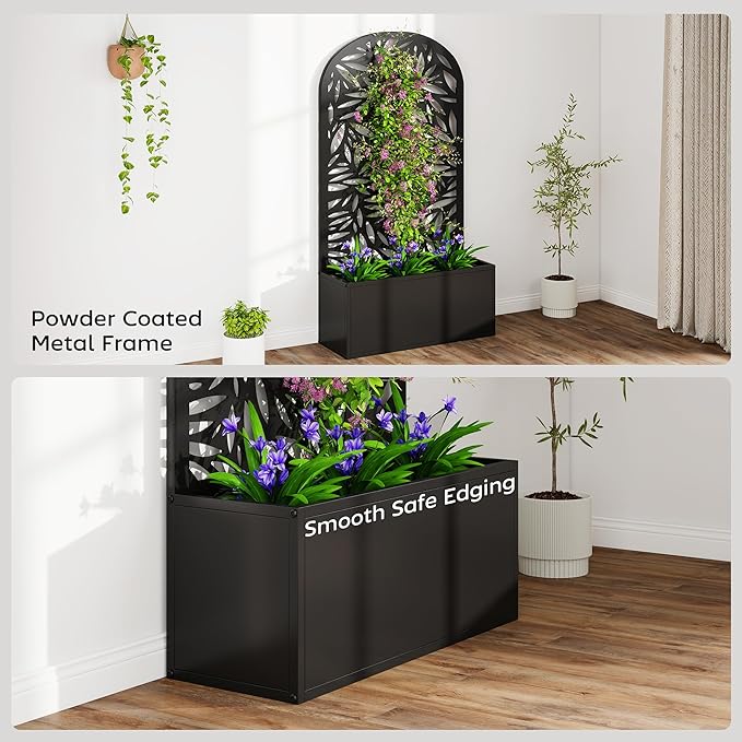 Outsunny Metal Raised Garden Bed with Trellis for Climbing Plants, Freestanding or Wall Mounted Flower Bed with Cueved Privacy Panel, Leaves Cut-Out Outdoor Planter Box for Garden, Patio, Balcony