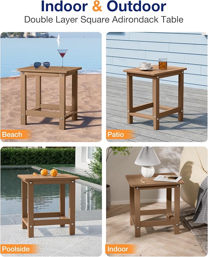 YEFU Outdoor Side Table for Patio: 16" HIPS Weather - Resistant Adirondack Tables - Waterproof Small Square End Tables for Backyard Pool Porch Balcony - Indoor Outdoor Durable Table Teak