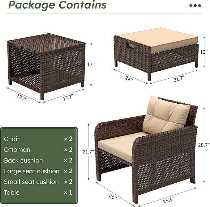 LHBcraft Balcony Furniture 5 Piece Wicker Patio Furniture Set, Outdoor Hand-Woven Rattan Lounge Chairs with Tempered Glass Coffee Table, Ottomans & Soft Cushions for Front Porch, Garden, Brown