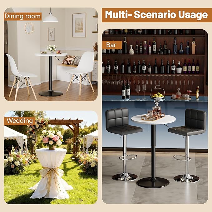 Flamaker Round Bistro Pub Table 23.6 Inch Height Adjustable 360° Swivel Bar Table Metal Base for Pub, Dining Room, Party (2, White-Black)