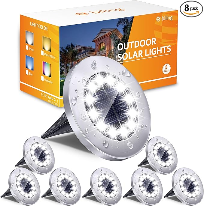 Biling Solar Ground Lights Outdoor 8 Packs, 12 LEDs Bright Flat Solar Lights Outdoor Waterproof Solar Powered for Yard Walkway Garden Driveway (White)