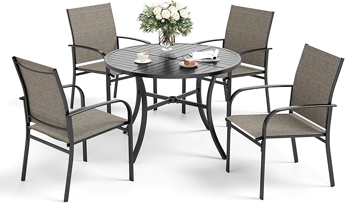 5 Piece Patio Dining Set for 4, 42" x 42" Round Metal Table with Umbrella Hole and 4 Brown Chairs, Outdoor Table and Chairs Set for Lawn Backyard and Deck