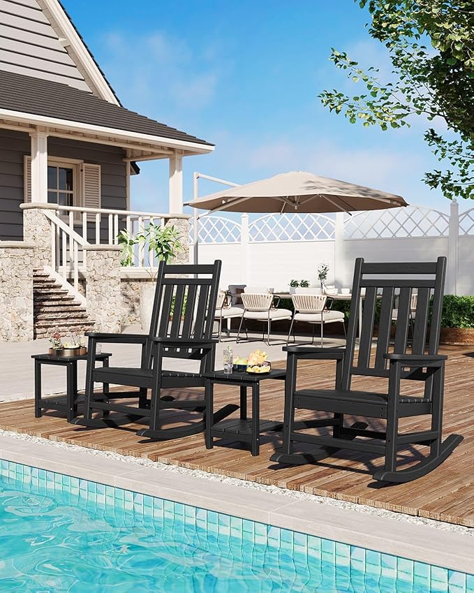 HDPE Rocking Chair Outdoor- Poly High Back Porch Rocker Chairs for Adults - All Weather Resistant Furniture for Patio Front Porch - Black