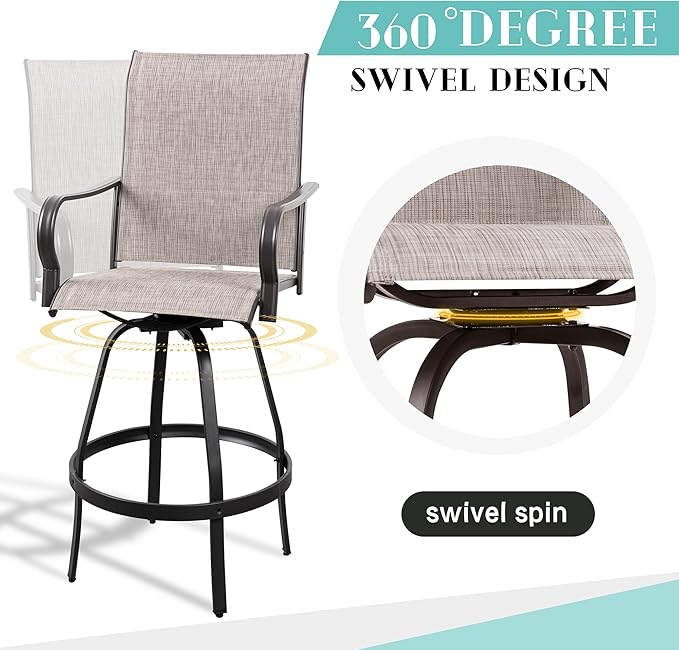 Vongrasig 4 Piece Patio Swivel Bar Chairs, All Weather Metal Textile High Swivel Bar Stools Chairs, Outdoor High Top Bistro Set for Backyard, Lawn Garden, Balcony, Taupe