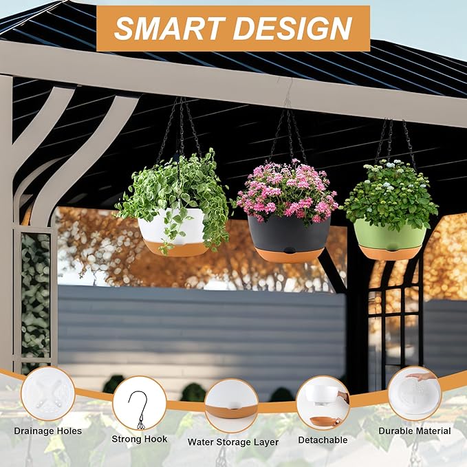 10 inch Hanging Planters for Indoor Outdoor Plants with Self-Watering Pots, 3 Pack Plastic Hanging Basket with Removable tray for Home Garden Porch Balcony Patio Decor(Green）