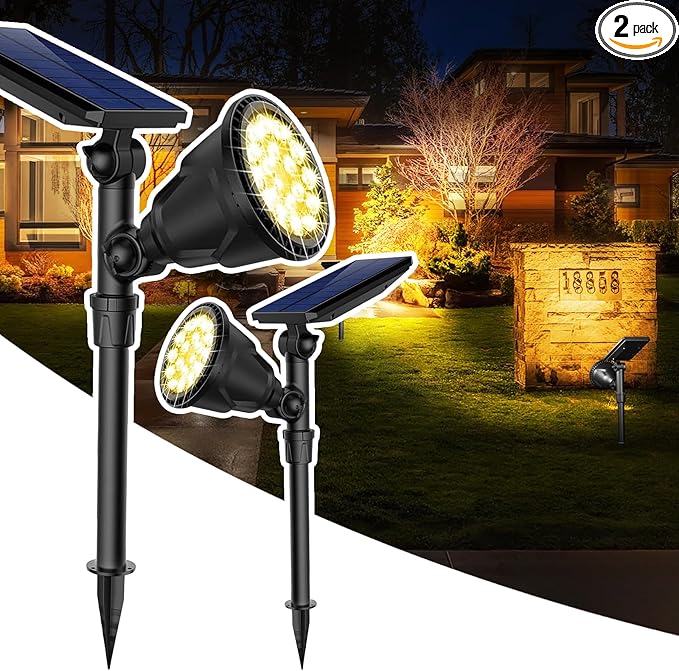 JSOT Solar Spot Lights Outdoor Waterproof, Outdoor Landscape Spotlights Flood Light for Pathway Path Driveway Backyard Decor 600 Lumen 18 LED Beads 2 Lighting Options(Warm White 2 Pack)