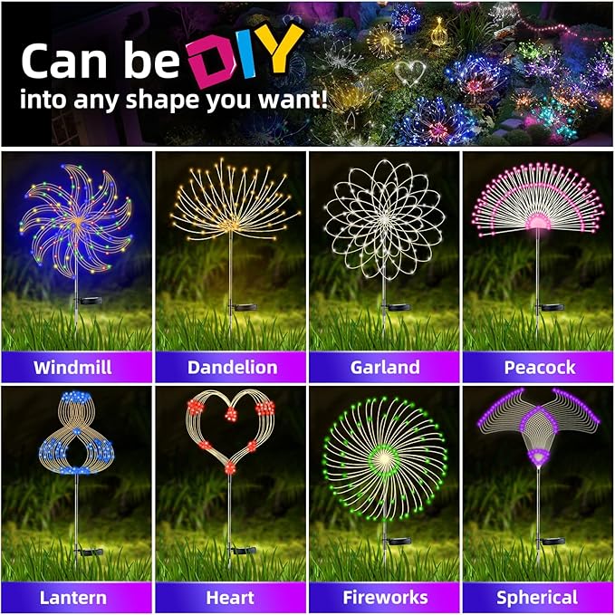 YOTOZU 4 PCS Solar Firework Light, Outdoor Solar Garden Decorative Lights 120 LED Powered 40 Copper Wires String DIY Landscape Light for Walkway Pathway Backyard Decoration Parties Perfect Gifts(Red)