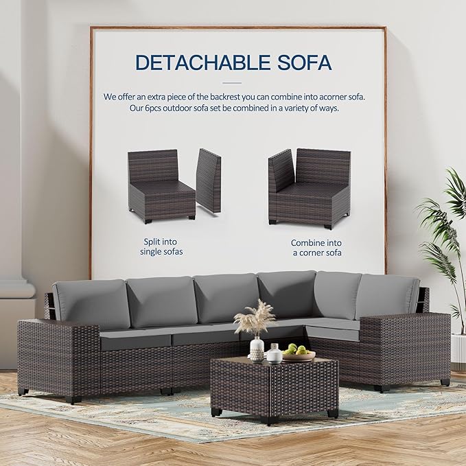 Kullavik 6PCS Outdoor Patio Furniture Set PE Wicker Rattan Sectional Sofa Patio Conversation Sets,Grey