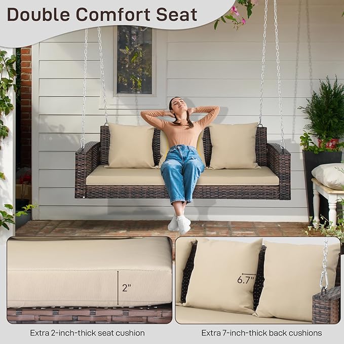 Outvita Porch Swing, 5FT Hanging Outdoor Porch Swings for Adults, Wicker 3 Person Patio Swing, with Cushion, Pillow and Chain for Garden, Backyard, Weight Capacity - 1000lbs
