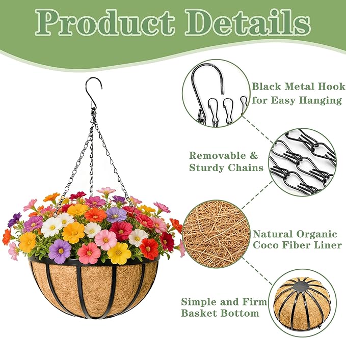 Black Flat Iron Metal Hanging Planter Basket with Coco Coir Liner(2 Pack, 16 Inch) Hanging Planters for Outdoor Plants Round Plant Flower Pots Hanging Flower Basket for Outdoor Patio Garden Decoration