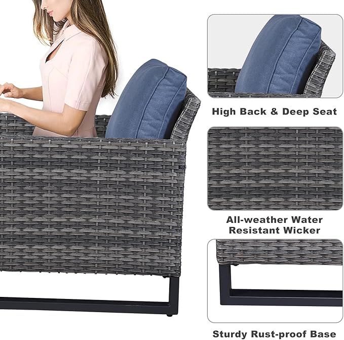 Belord Wicker Patio Furniture 5 Piece Outdoor Sofa Set, Oversize Outdoor Dining Chairs with Rattan Ottomans, Conversation Sets Patio Furniture Come with Removable Washable Cushion Blue