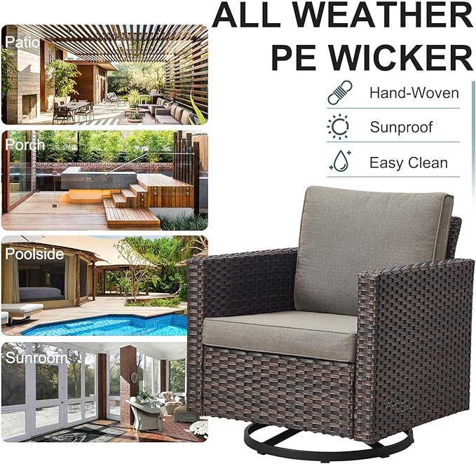 Belord Outdoor Bistro Set 3 Piece Wicker Swivel Rocker Patio Chairs, Oversize Outdoor Rattan Seating Set, Patio Swivel Glider Chairs Wicker Furniture with Metal Side Table for Porch Backyard, Brown
