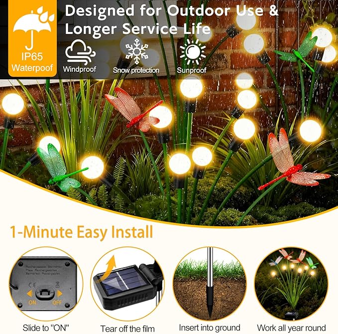 Solar Garden Lights Outdoor - 4 Pack Dragonfly Solar Swaying Light, Sway by Wind, Firefly Lights Outdoor Yard Patio Pathway Decoration, Big Bulb, High Flexibility Iron Wire & Realistic Dragonflies