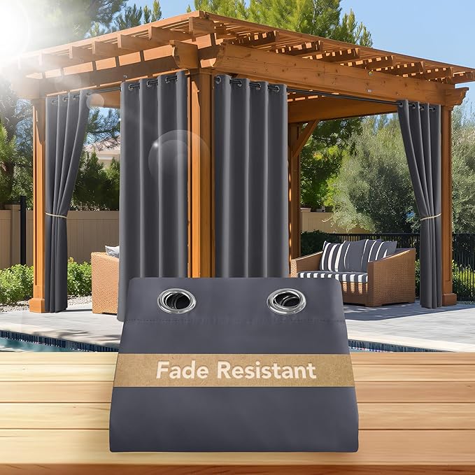 NICETOWN Fade Resistant Outdoor Curtains for Patio 84 inch Long, Grade 4 Color Fastness Fade-Proof Waterproof Outside Curtains, Thermal UV Protection Sun Shades for Porch, W52 x L84, 2 Panels, Grey