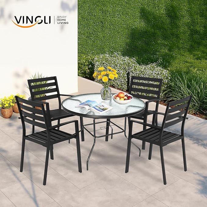 VINGLI 40'' Outdoor Dining Table with Umbrella Hole, All Weather Round Patio Table, Waterwave Tempered Glass Top and Metal Frame, for Garden Porch Balcony Yard