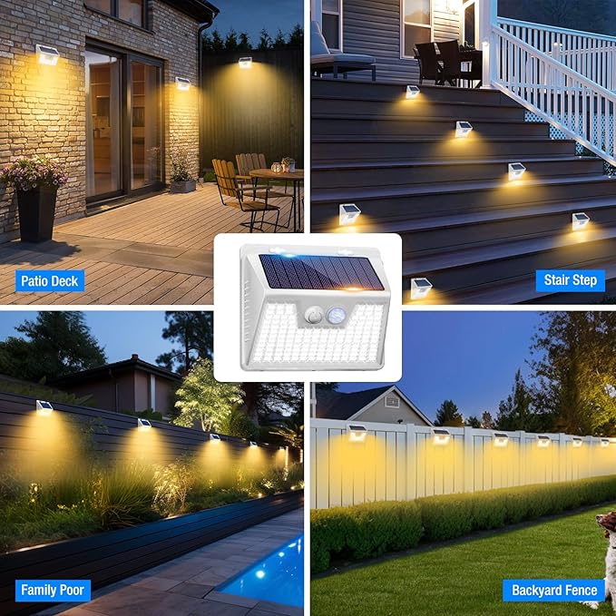 Peasur White Frame Solar Motion Sensor Lights Outdoor, 2 Packs 180LED Warm Solar Wall Lights Waterproof, 3 Modes Fence Security Lighting for Deck Yard Stairs Garden