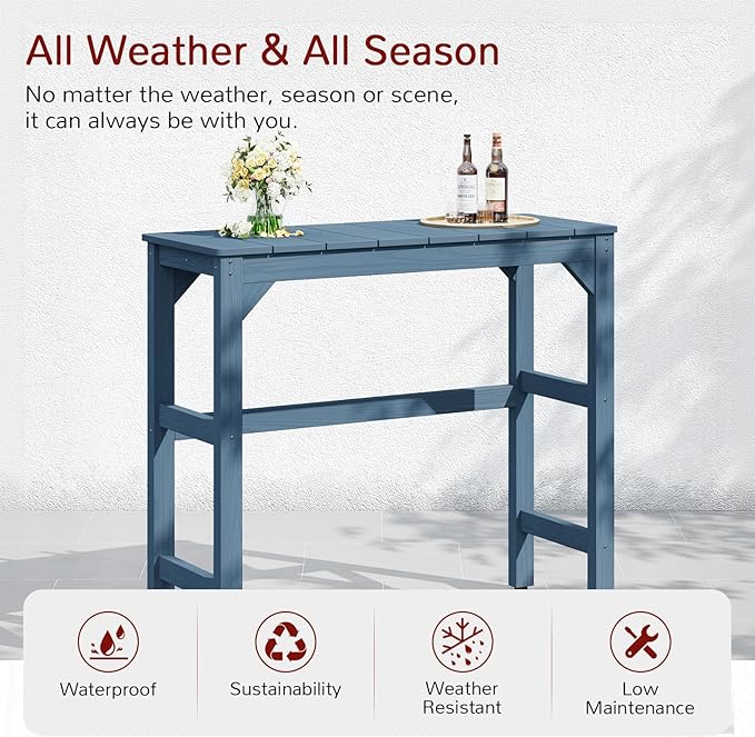 Stoog All-Weather Outdoor Bar Table, Patio Counter Height Bar Tables with Waterproof Top, Never Fade or Rot, for Balcony, Backyard, Porch, and Poolside, Blue