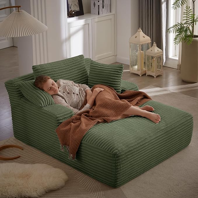 50 Inch Oversized Chaise Lounge Chair Indoor, Corduroy Upholstered Boneless Sofa Bed, Deep Seat Sleeper Couch Reading Chairs, Cloud Sofas Couches for Living Room, No Assembly Required, Olive Green