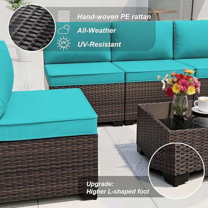 ALAULM Patio Furniture Set with Coffee Table, 7 Pieces Outdoor Sectional with Wide Seat and Thick Cushion, All Weather Wicker Rattan Conversation Set for Backyard, Garden, Deck, Turquoise