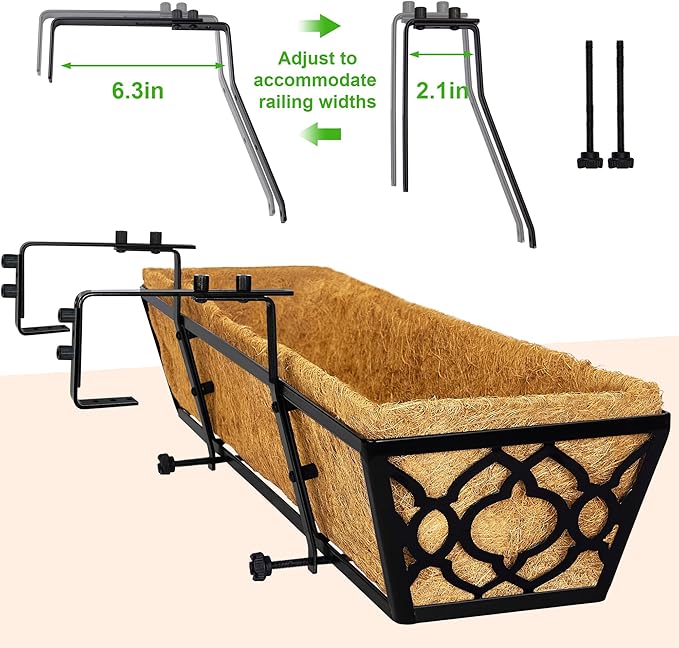 Y&M 24 Inch Window Deck with Coco Liner, Fence Metal Hanging Flower Planter Window Basket Deck Railing Planter Boxes for Outdoor Garden Lawn,6pcs