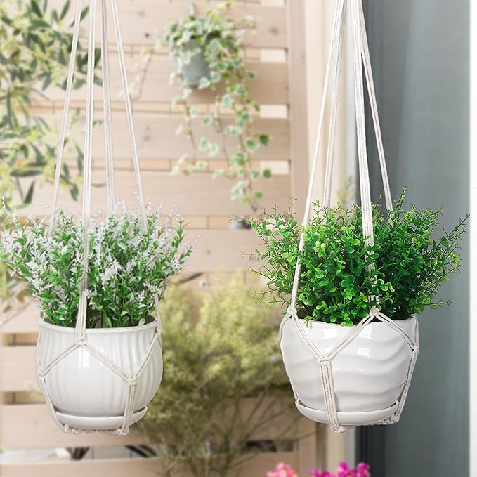 YIBOT Macrame Plant Hanger Indoor Set of 2 with 2 S Hooks, Indoor Outdoor Hanging Planter for Plants Holder with Decorative No Tassels, Boho Home Decor, 35 Inch, Ivory (Pots Not Included)