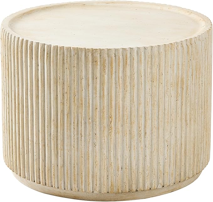 Christopher Knight Home Yunara 17" H Lightweight Concrete End Table with Stunning Fluted Design, Indoor Outdoor Accent Side Table, Travertine Effect Round Coffee Table, No Assembly, Natural