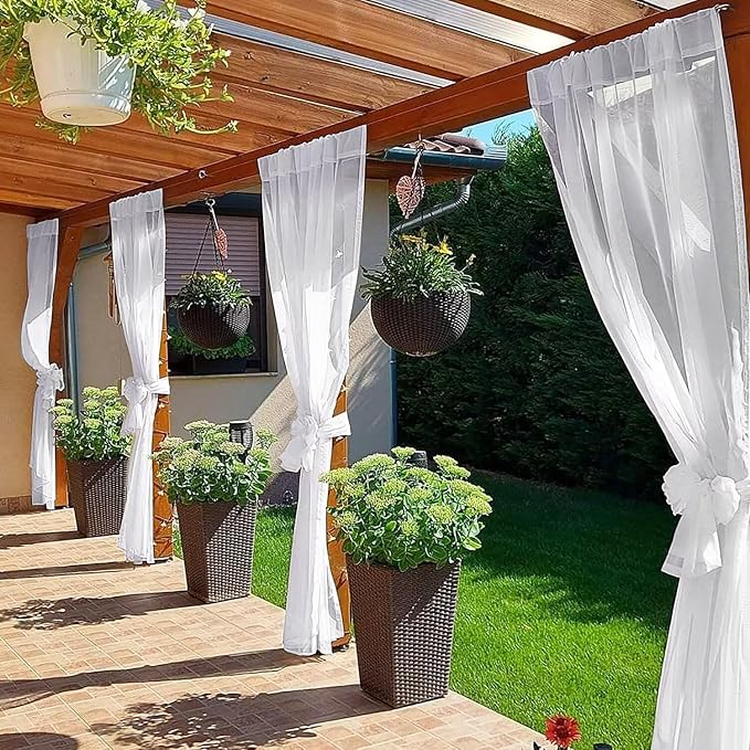 SpaceDresser Waterproof Outdoor Sheer Curtains for Patio - 4 Panels Rod Pocket Indoor Voile Sheer Curtain for Living Room,52W x 120L inch,White