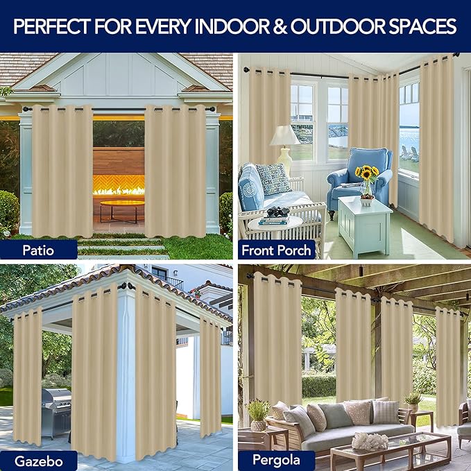 PureFit Outdoor Curtains for Patio Waterproof Weatherproof, UV Resistant Outside Curtains for Gazebo, Front Porch, Pergola, Sun Blocking Privacy Curtain, 52W x 108L inch, 1 Panel, Beige