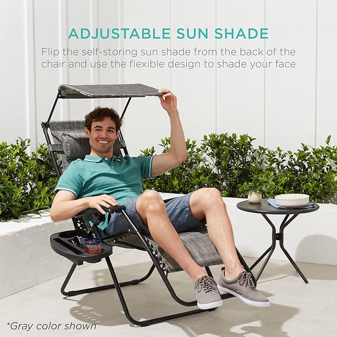 Best Choice Products Folding Zero Gravity Outdoor Recliner Patio Lounge Chair w/Adjustable Canopy Shade, Headrest, Side Accessory Tray, Textilene Mesh - Brown