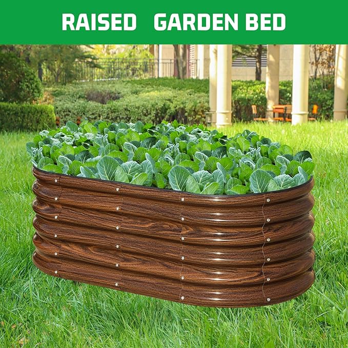 SnugNiture 3 Pcs 4x2x1.5ft Raised Garden Bed Outdoor, 17" Tall Galvanized Metal Planter Box, Oval Raised Garden Bed Kit for Planting Vegetables Plants Fruits, Brown