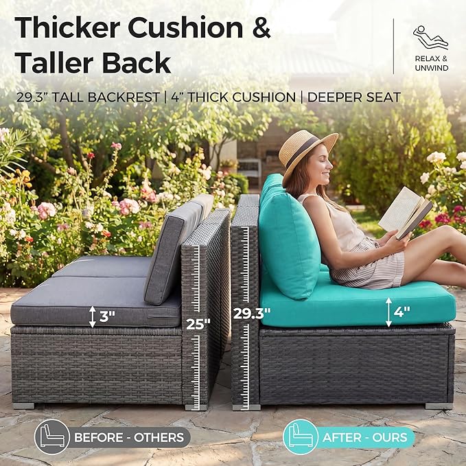 NICESOUL Extra Large 9 Piece Patio Furniture Set with Fire Pit Table Natural Gas & Propane, 29.3'' High Back Rattan Outdoor Conversations, 8 Seater Modular Sofa Set, 2 Color Cushions Turquoise & Gray