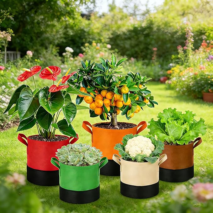 10 Gallon Fabric Grow Bags 5-Pack, 350G Heavy Duty Nonwoven Plant Pots with Handles, Breathable Root Pruning Containers for Vegetables Flowers Indoor Outdoor Gardening