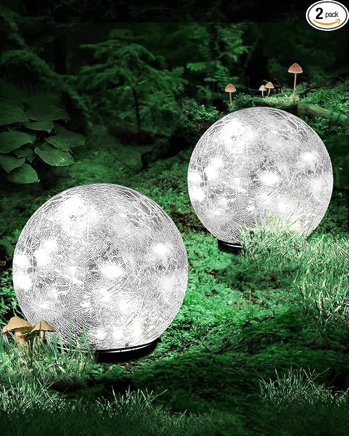 Coroor Garden Solar Ball Lights Outdoor Waterproof, 80 LED Cracked Glass Globe Ground Lights for Path Yard Patio Lawn, Outdoor Decoration Landscape White (2 Pack 5.9'')