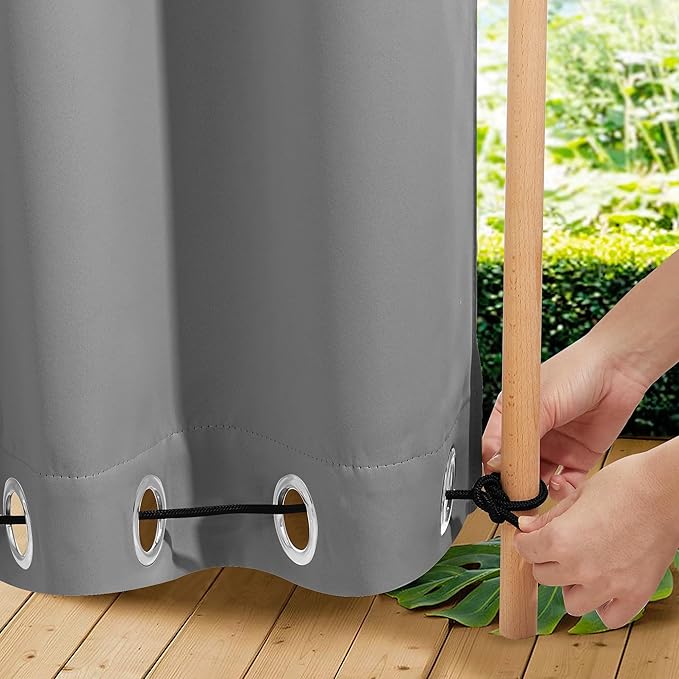 NICETOWN 2 Panels Outdoor Curtains for Patio Waterproof & Windproof, Grommet & Back Tab on Top & Bottom Weighted Drapes Keep Sun/Rain Out with Bouns Rope for Deck, Light Grey, W84 x L95