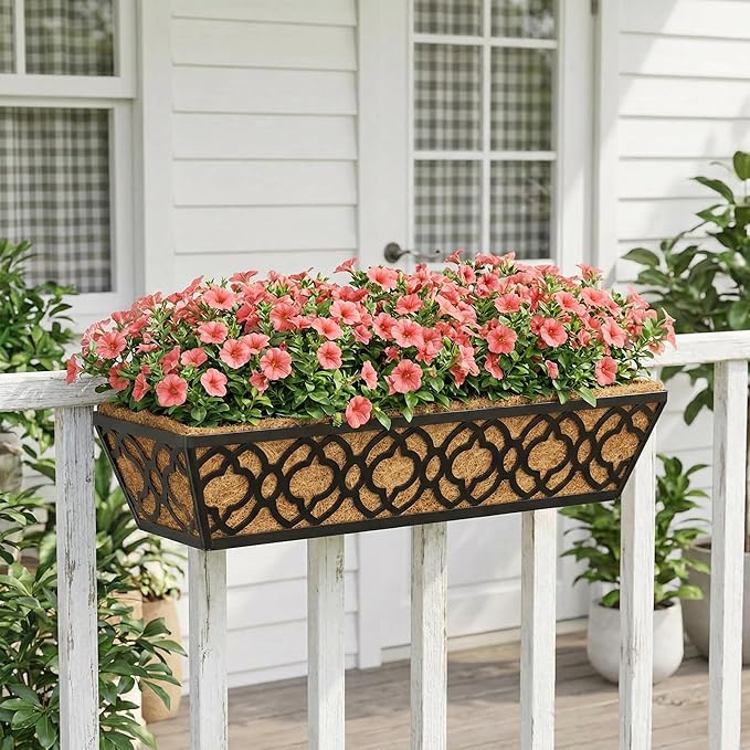 Y&M 6pcs 24 Inch Window Deck with Coco Liner, Fence Metal Hanging Flower Planter Window Basket Deck Railing Planter Boxes for Outdoor Garden Lawn