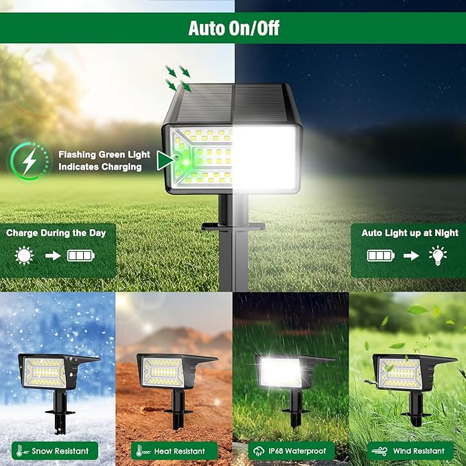 Solar Spot Lights Outdoor with 60 LED & Auto On/Off, 2 Pack Solar Lights Outdoor Waterproof IP68 with 3 Lighting Modes, 2-in-1 Solars Landscape Light for Outside, Garden, Yard(Cool White)