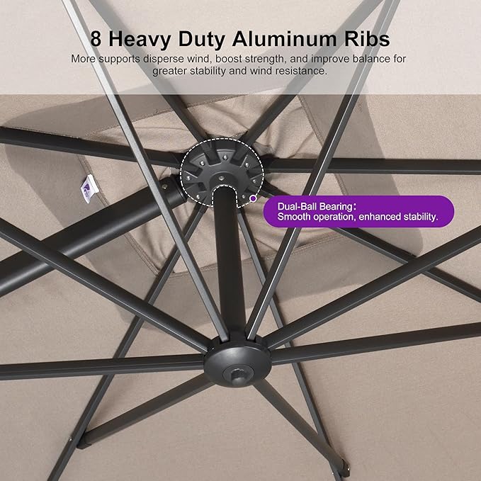 PURPLE LEAF 10 FT Outdoor Umbrella with Base Patio Cantilever Aluminum Umbrella with 3 Years Fade Resistance Recycled Fabric Offset Square with 360-degree Rotation for Deck Pool Garden, Ash Mocha
