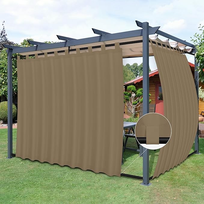 Easy-Going Outdoor Patio Curtains Detachable Tab Top Windproof Weatherproof Curtain for Cabana, Porch, Pergola and Gazebo, Tab Bottom Drape, 2 Panels, 110W x 84L inch, Khaki